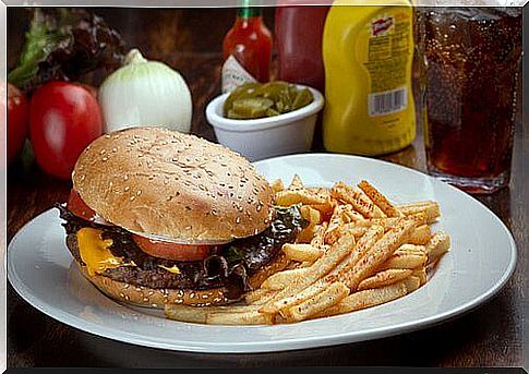 A burger with fries