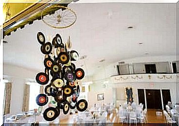 A mobile made of small vinyl records