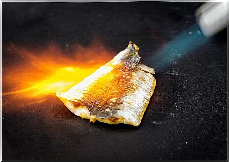 Prepare fish au gratin by burning the fish with a burner