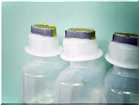 Saline solution in bottles